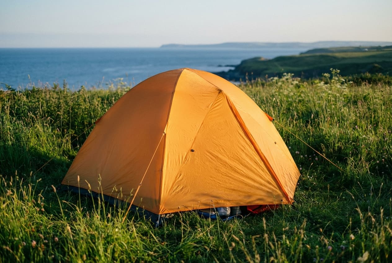 Où pratiquer le camping sauvage en Normandie en 2026 Une tente de camping orange contrastant avec le paysage verdoyant de Normandie